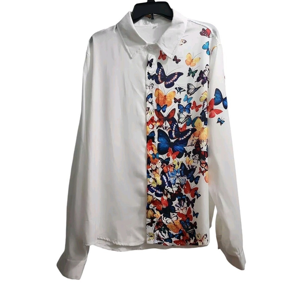 Mens Size‎ XL Casual Button Down White Butterfly Multicolor Print Shirt